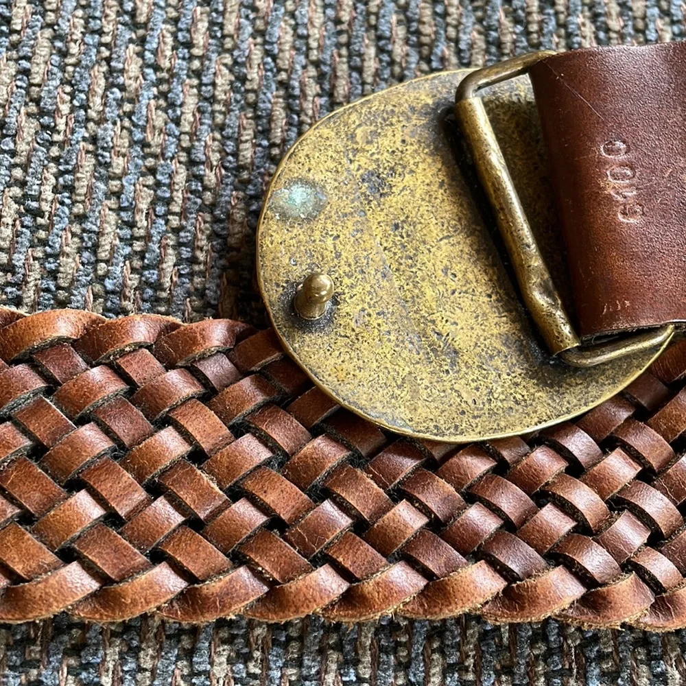 Woven Vintage Leather Belt with Brass Buckle and Stone Accents, size M/L - Picture 8 of 8